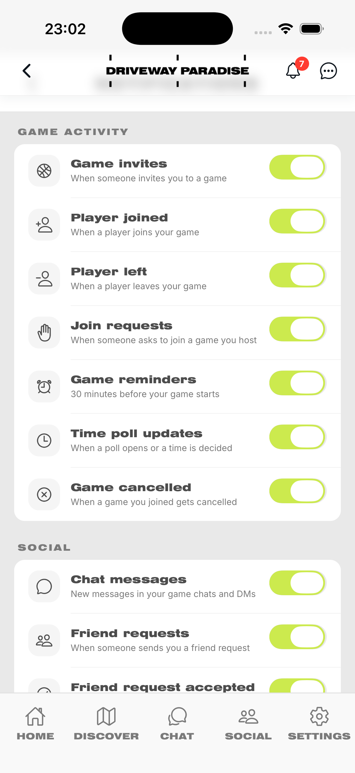 Driveway Paradise app notification settings screen with toggles for game activity and social alerts