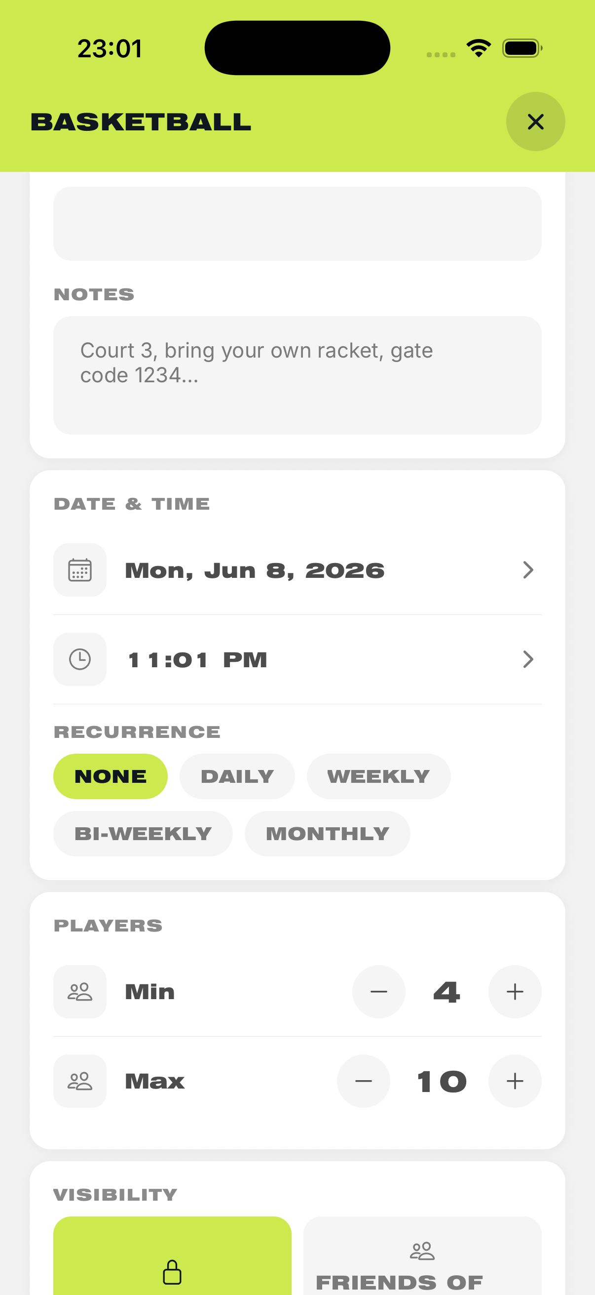 Driveway Paradise app game setup screen with notes, date and time, recurrence, and player count controls